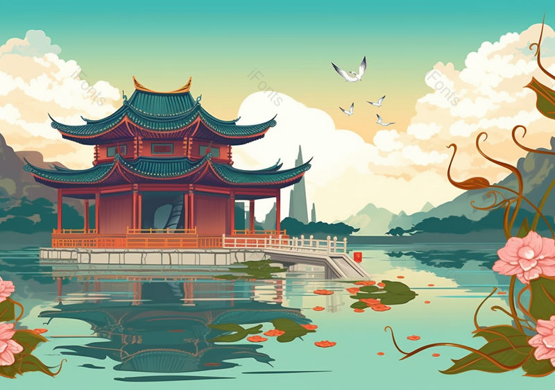 古建筑亭子池塘山水风景插画背景,插画/手绘图,插画/手绘图库,插画/手绘图下载,插画/手绘